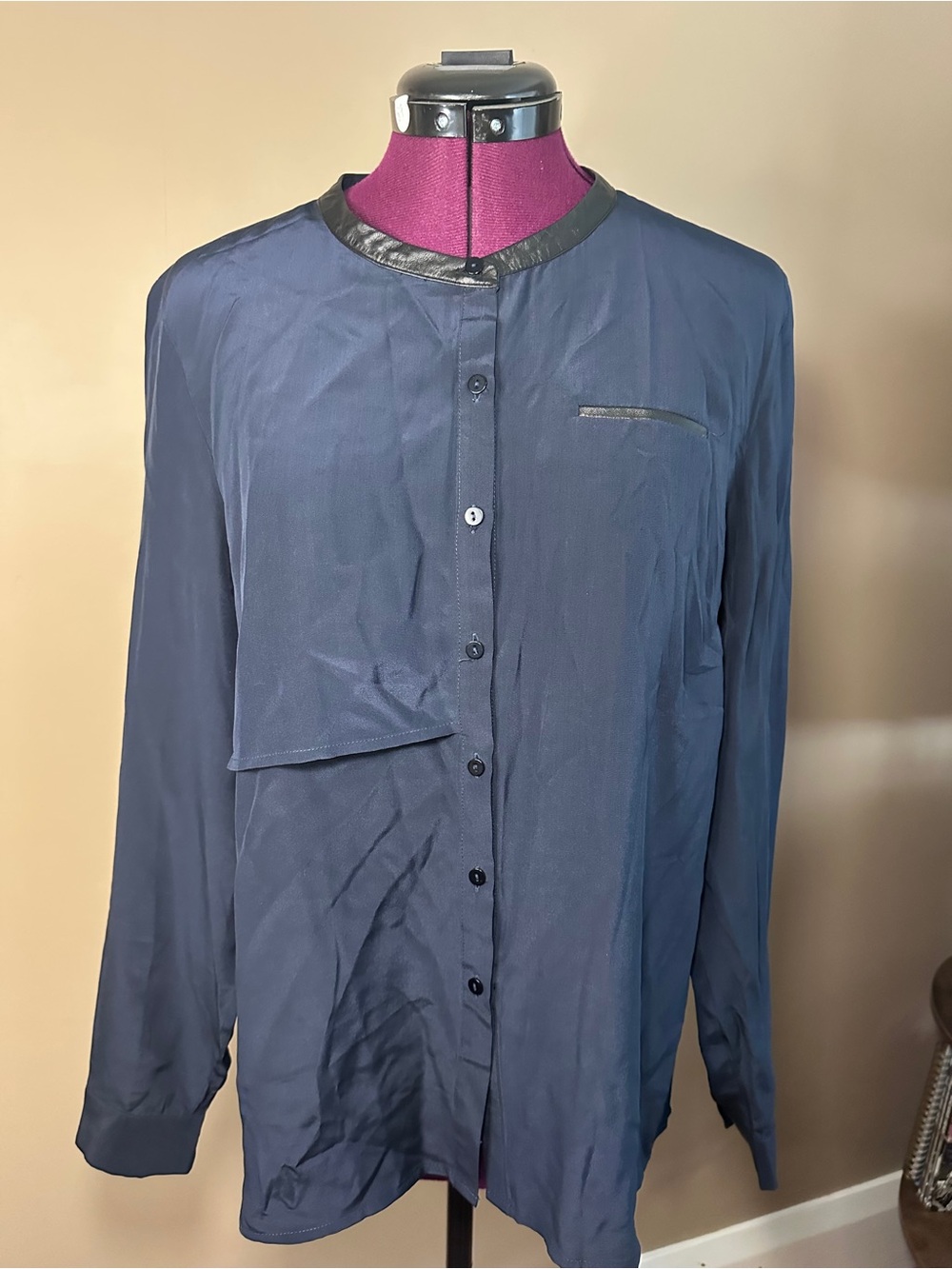Walter Baker Navy 100% Silk Shirt with Leather Accents, Quiet Luxury, Heritage